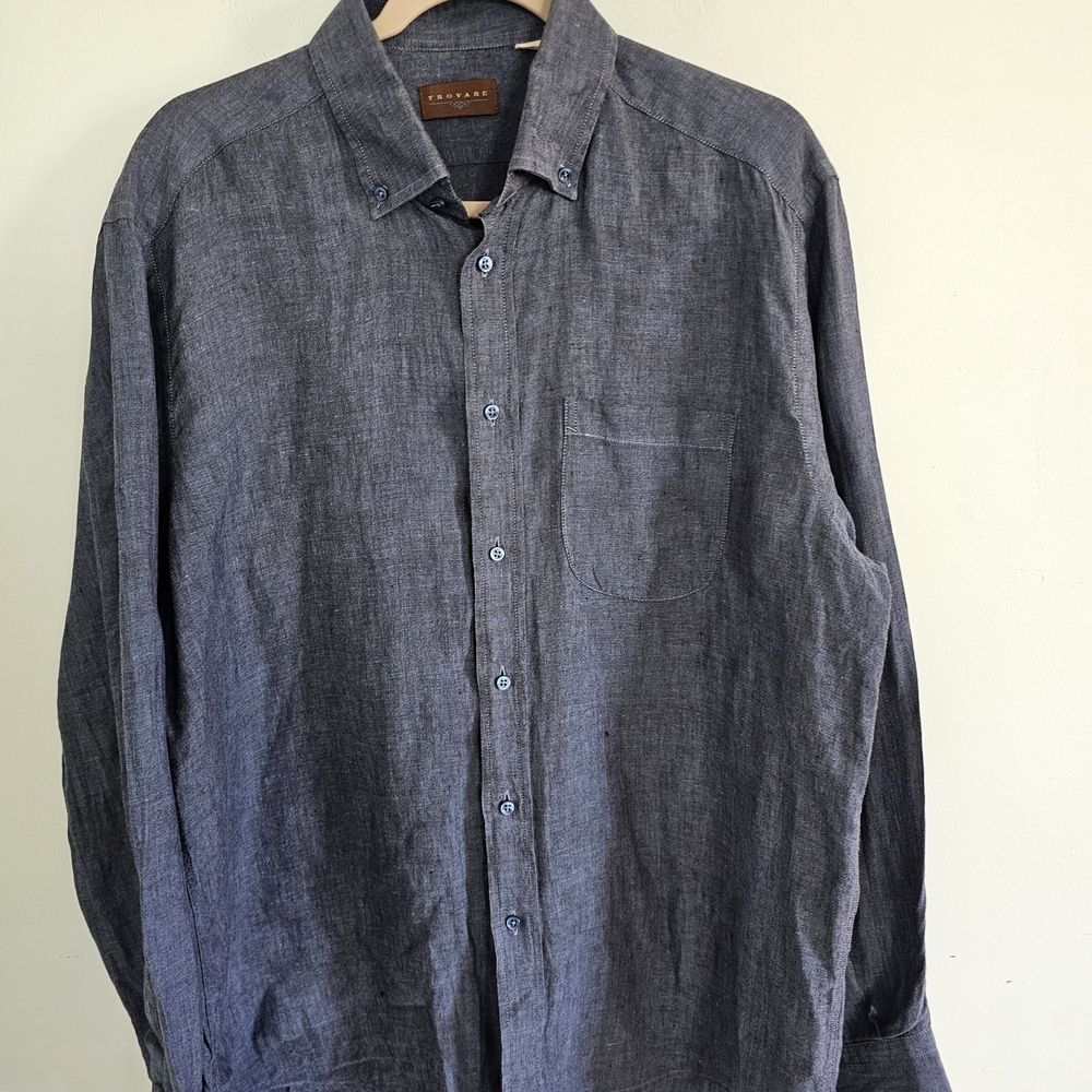 Trovare Slate Blue 100% Linen Dress‎ Shirt Size XL